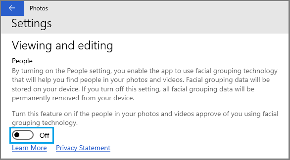 Disable Face Detection in Windows Photos App