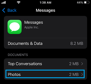 Photos Tab on Messages Documents & Data Screen