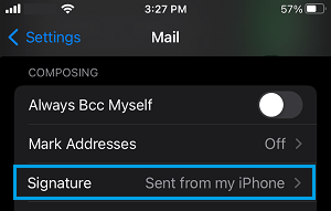 Email Signature Settings Option on iPhone