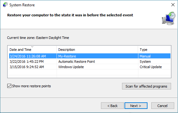 Choose System Restore Point in Windows 10