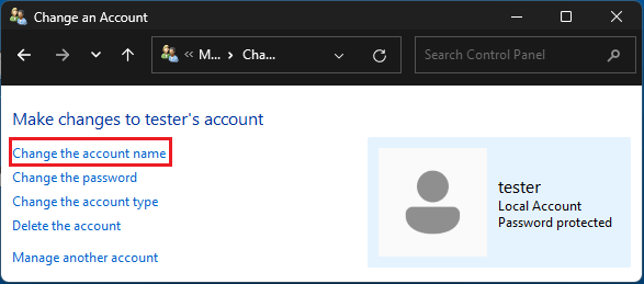 Change Account Name Option on Control Panel