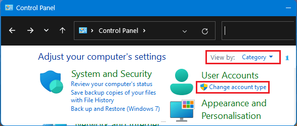 Change Account Type Option on Windows Control Panel