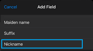 Select Nickname on Add Field Screen on iPhone
