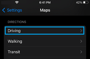 Driving Settings Option on iPhone Maps App