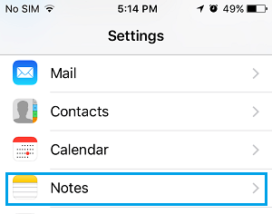 Notes Tab on iPhone Settings Screen