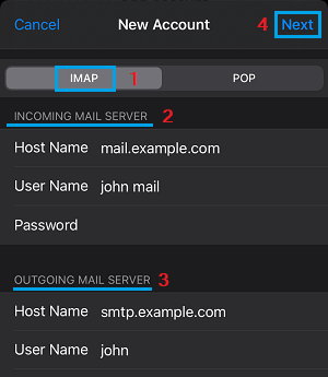 Select Email Service Protocol and Add Server Details on iPhone