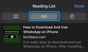 Open Reading List Option in Safari browser on iPhone