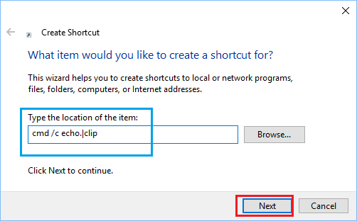 Create Shortcut Wizard Screen in Windows 10