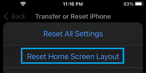 Reset Home Screen Layout option in iPhone