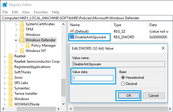 Enable or Disable Windows Defender