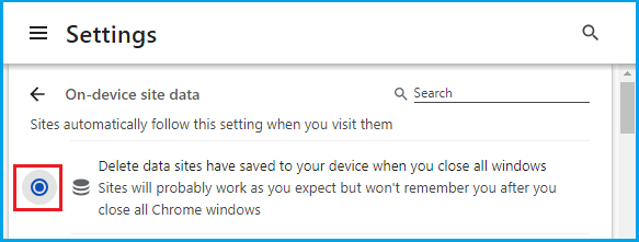 Automatically Delete Site Data Option in Chrome