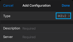 Select VPN Connction Type Option on iPhone 