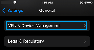 VPN & Device Management Option on iPhone