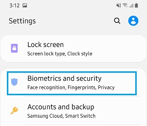 Biometrics & Security Settings Option on Android Phone