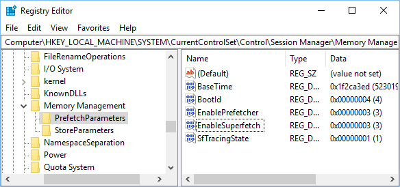 PrefetchParameters Folder in Windows 10 Registry Editor Screen