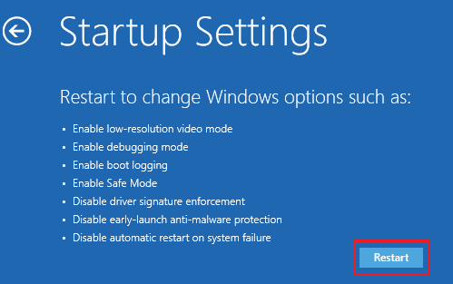 Startup Settings Screen on Windows Computer