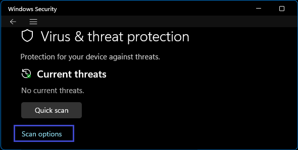 Scan Option Link on Windows Virus & Threat Protection Screen