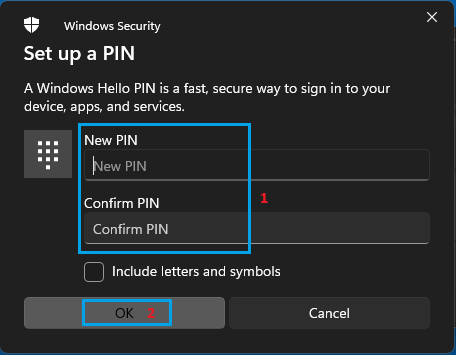 Type And Confirm PIN Password on Windows Computer 