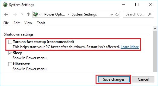 Disable Fast Startup Option in Windows 10