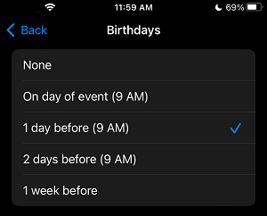 Select Birthday Notification Time on iPhone