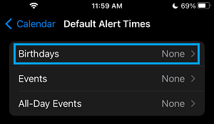 Birthdays Alert Settings option on iPhone