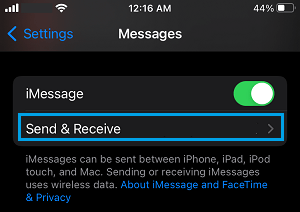 Send & Receive Settings Option in iMessage