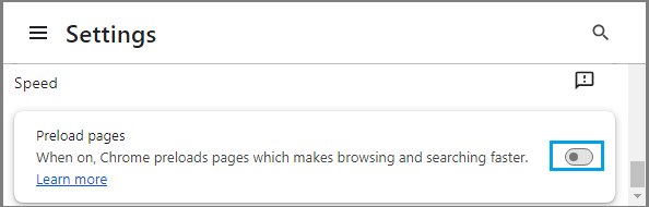 Disable Preload Pages Option in Google Chrome