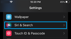 Siri & Search Settings Option on iPhone