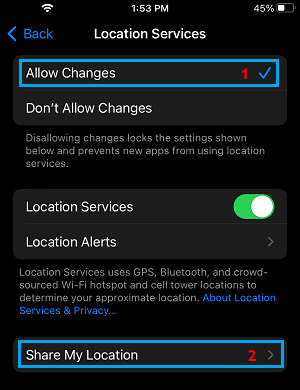 Share My Location Settings Option on iPhone