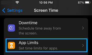 App Limits Settings Option on iPhone