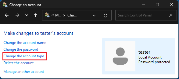 Change Account Type Option in Windows