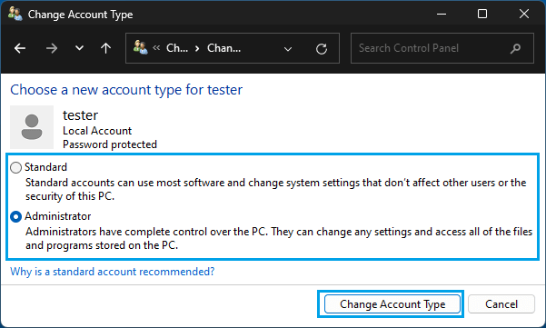 Change Account Type Screen on Windows Computer