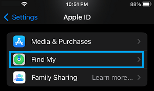 Find My Settings Option on Apple ID Screen