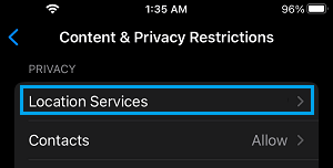 Location Services Settings on iPhone Restrictions Screen