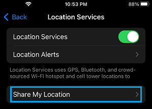 Share My Location Settings Option on iPhone