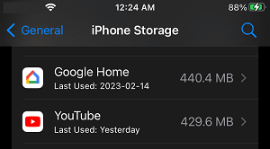 Apps on iPhone Storage Screen