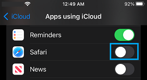 Disable Safari Syncing to iCloud on iPhone