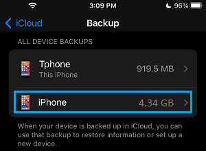 Select iPhone Backup on iCloud 