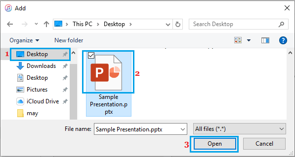 Select PowerPoint File to Transfer to iPhone or iPad