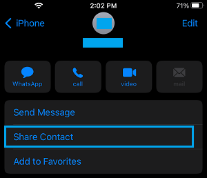 Share Contact Option on iPhone