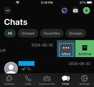More Option in WhatsApp Chats screen on iPhone