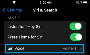 Siri Voice Settings Tab on iPhone