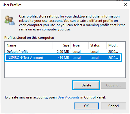 Delete Selected User Profile in Windows