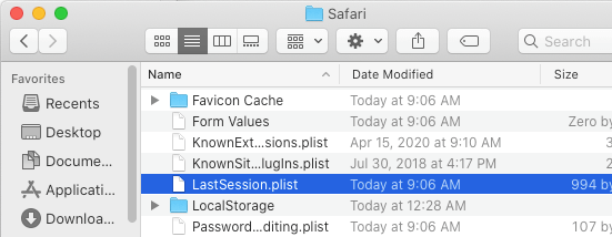 Remove Safari LastSession plist file