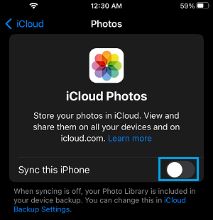 Disable iCloud Photos on iPhone