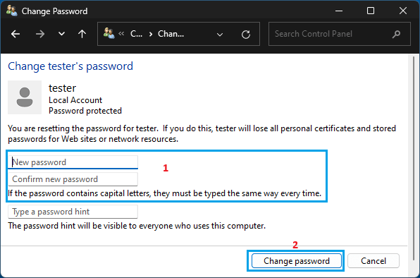 Change User Account Password Screen in Windows