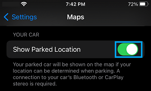 Enable Show Parked Car Location Option on iPhone