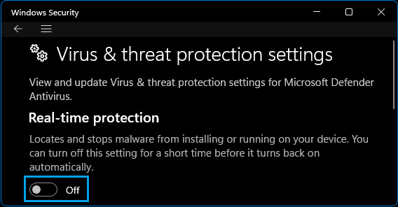 Turn OFF Real Time Protection Settings in Windows Security