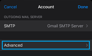 Advanced Settings Option For Email Account on iPhone