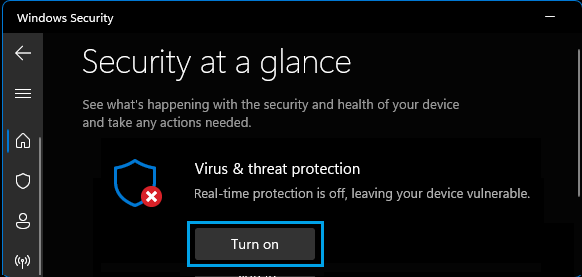 Turn ON Virus & Threat Protection in Windows Security